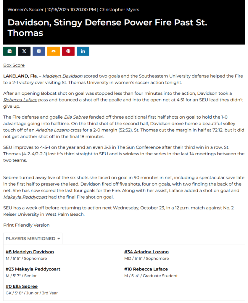 Women's Soccer 10/16/2024 10:20:00 PM Christopher Myers

Davidson, Stingy Defense Power Fire Past St. Thomas
Box Score
LAKELAND, Fla. – Madelyn Davidson scored two goals and the Southeastern University defense helped the Fire to a 2-1 victory over visiting St. Thomas University in women's soccer action tonight.


After an opening Bobcat shot on goal was stopped less than four minutes into the action, Davidson took a Rebecca Laface pass and bounced a shot off the goalie and into the open net at 4:51 for an SEU lead they didn't give up.


The Fire defense and goalie Ella Sebree fended off three additional first half shots on goal to hold the 1-0 advantage going into halftime. On the third shot of the second half, Davidson drove home a beautiful volley touch off of an Ariadna Lozano cross for a 2-0 margin (52:52). St. Thomas cut the margin in half at 72:12, but it did not get another shot off in the final 18 minutes.


SEU improves to 4-5-1 on the year and an even 3-3 in The Sun Conference after their third win in a row. St. Thomas (4-2-4/2-2-1) lost it's third straight to SEU and is winless in the series in the last 14 meetings between the two teams.
 

Sebree turned away five of the six shots she faced on goal in 90 minutes in net, including a spectacular save late in the first half to preserve the lead. Davidson fired off five shots, four on goals, with two finding the back of the net. She has now scored the last four goals for the Fire. Along with her assist, Laface added a shot on goal and Makayla Peddycoart had the final Fire shot on goal.


SEU has a week off before returning to action next Wednesday, October 23, in a 12 p.m. match against No. 2 Keiser University in West Palm Beach.

Print Friendly Version
Players Mentioned
#8 Madelyn Davidson
M 5' 5" Sophomore
#34 Ariadna Lozano
MD 5' 6" Sophomore
#23 Makayla Peddycoart
M 5' 7" Senior
#18 Rebecca Laface
M 5' 4" Graduate Student
#0 Ella Sebree
GK 5' 8" Junior 3rd Year