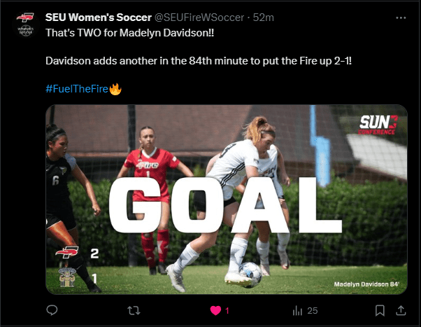 
SEU Women's Soccer
@SEUFireWSoccer
·
53m
That's TWO for Madelyn Davidson!!

Davidson adds another in the 84th minute to put the Fire up 2-1!

#FuelTheFire🔥