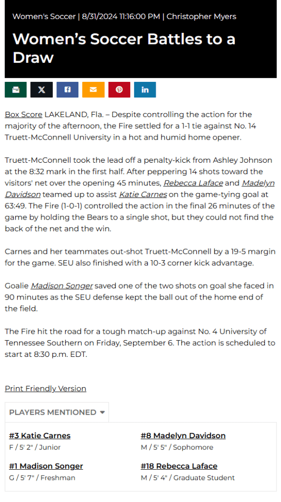 Women's Soccer 8/31/2024 11:16:00 PM Christopher Myers

Women’s Soccer Battles to a Draw
Box Score LAKELAND, Fla. – Despite controlling the action for the majority of the afternoon, the Fire settled for a 1-1 tie against No. 14 Truett-McConnell University in a hot and humid home opener.

Truett-McConnell took the lead off a penalty-kick from Ashley Johnson at the 8:32 mark in the first half. After peppering 14 shots toward the visitors' net over the opening 45 minutes, Rebecca Laface and Madelyn Davidson teamed up to assist Katie Carnes on the game-tying goal at 63:49. The Fire (1-0-1) controlled the action in the final 26 minutes of the game by holding the Bears to a single shot, but they could not find the back of the net and the win.

Carnes and her teammates out-shot Truett-McConnell by a 19-5 margin for the game. SEU also finished with a 10-3 corner kick advantage.

Goalie Madison Songer saved one of the two shots on goal she faced in 90 minutes as the SEU defense kept the ball out of the home end of the field.

The Fire hit the road for a tough match-up against No. 4 University of Tennessee Southern on Friday, September 6. The action is scheduled to start at 8:30 p.m. EDT.

 
Print Friendly Version
Players Mentioned
#3 Katie Carnes
F 5' 2" Junior
#8 Madelyn Davidson
M 5' 5" Sophomore
#1 Madison Songer
G 5' 7" Freshman
#18 Rebecca Laface
M 5' 4" Graduate Student