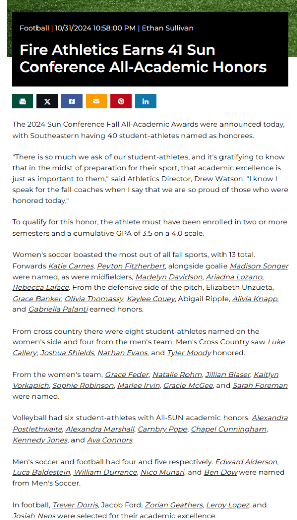 Football 10/31/2024 10:58:00 PM Ethan Sullivan

Fire Athletics Earns 41 Sun Conference All-Academic Honors
The 2024 Sun Conference Fall All-Academic Awards were announced today, with Southeastern having 40 student-athletes named as honorees. 

"There is so much we ask of our student-athletes, and it's gratifying to know that in the midst of preparation for their sport, that academic excellence is just as important to them," said Athletics Director, Drew Watson. "I know I speak for the fall coaches when I say that we are so proud of those who were honored today,"

To qualify for this honor, the athlete must have been enrolled in two or more semesters and a cumulative GPA of 3.5 on a 4.0 scale.

Women's soccer boasted the most out of all fall sports, with 13 total. Forwards Katie Carnes, Peyton Fitzherbert, alongside goalie Madison Songer were named, as were midfielders, Madelyn Davidson, Ariadna Lozano, Rebecca Laface. From the defensive side of the pitch, Elizabeth Unzueta, Grace Banker, Olivia Thomassy, Kaylee Couey, Abigail Ripple, Alivia Knapp, and Gabriella Palanti earned honors.

From cross country there were eight student-athletes named on the women's side and four from the men's team. Men's Cross Country saw Luke Callery, Joshua Shields, Nathan Evans, and Tyler Moody honored. 

From the women's team, Grace Feder, Natalie Rohm, Jillian Blaser, Kaitlyn Vorkapich, Sophie Robinson, Marlee Irvin, Gracie McGee, and Sarah Foreman were named.

Volleyball had six student-athletes with All-SUN academic honors. Alexandra Postlethwaite, Alexandra Marshall, Cambry Pope, Chapel Cunningham, Kennedy Jones, and Ava Connors.

Men's soccer and football had four and five respectively. Edward Alderson, Luca Baldestein, William Durrance, Nico Munari, and Ben Dow were named from Men's Soccer.

In football, Trever Dorris, Jacob Ford, Zorian Geathers, Leroy Lopez, and Josiah Neos were selected for their academic excellence.

from:
https://fire.seu.edu/news/2024/10/31/fire-athletics-with-40-sun-conference-all-academic-honorees.aspx